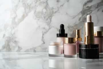 A collection of cosmetic products arranged on a marble surface.