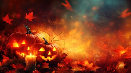 Fototapeta premium Happy Halloween Background with Jack O' Lantern Pumpkins, Autumn Leaves, and Candles, 3D Illustration. AI generated illustration.