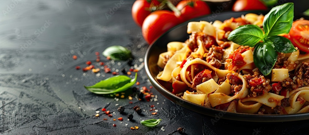 Poster view a side angle of italian bolognese pasta garnished with basil and tomatoes against a graphite ba