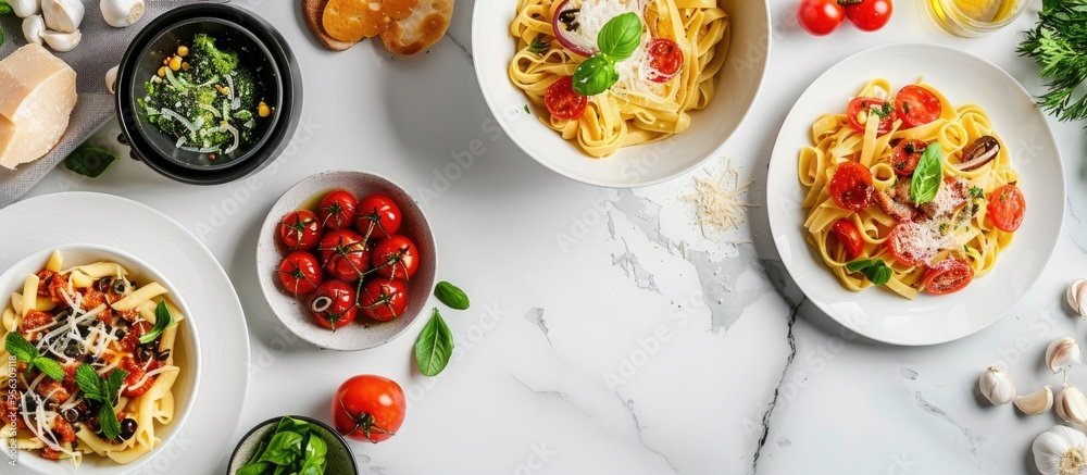 Poster a selection of pasta dishes adorned with fresh ingredients beautifully presented on a clean white ma