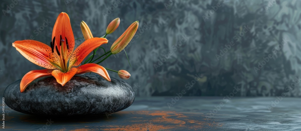 Aufkleber podium display featuring a black textured stone with an orange lily atop creates an elegant composit