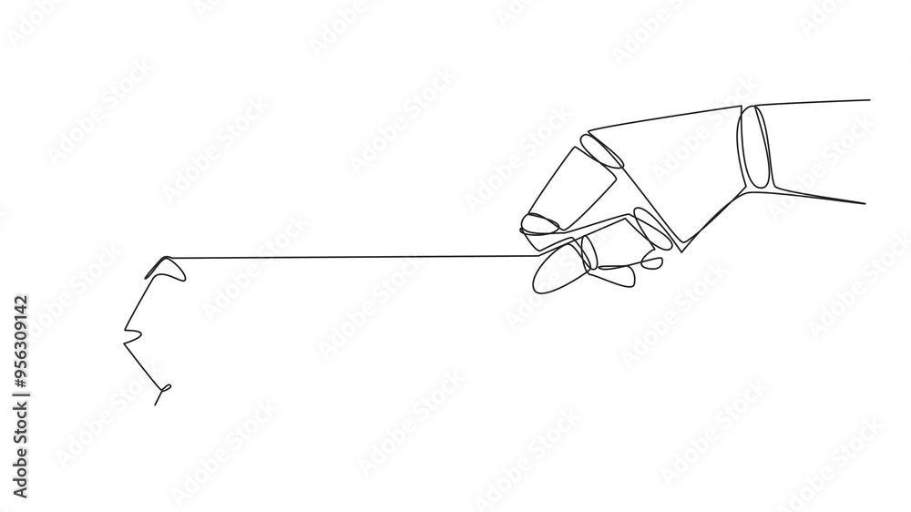 Poster animation of single continuous line drawing robot runs but its stomach is tied. artificial intellige