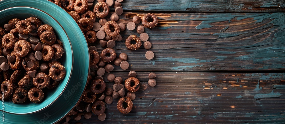 Poster natural cereal chocolate and corn rings served with milk in a plate on a rustic wooden background pe