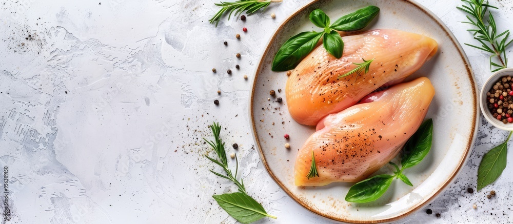 Poster chicken breast fillet presented on a plate against a bright background adorned with assorted spices 