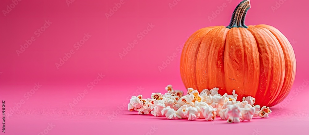 Poster A pink background featuring a Halloween pumpkin and popcorn with copy space image for text or graphics