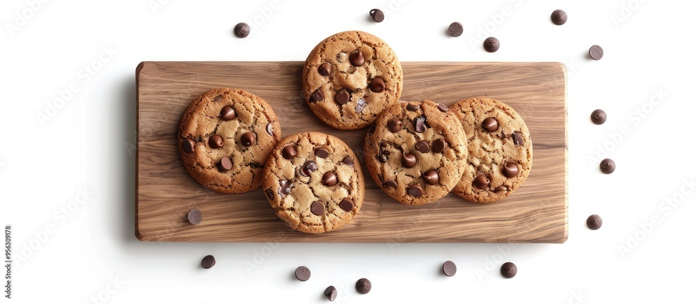 Leinwandbilder sweet cookies with chocolate chips displayed on a wooden board set against a white background creati