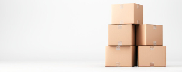 Obraz premium Collection of stacked cardboard boxes on a clean white background, ideal for shipping, storage, or moving concepts.