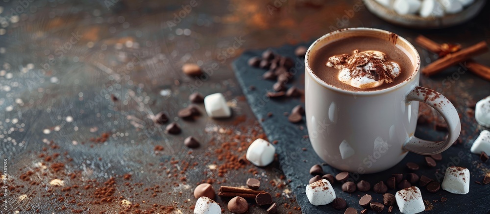 Poster Mug with tasty hot chocolate on a dark table with copy space image