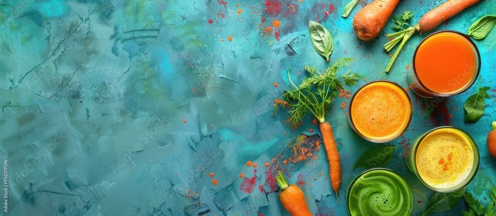 Poster above view of fresh vegetables surrounding glasses of healthy carrot juice on a colorful textured ta