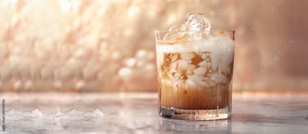 Poster detail view of a white russian alcoholic cocktail with a clear area for additional content in the im