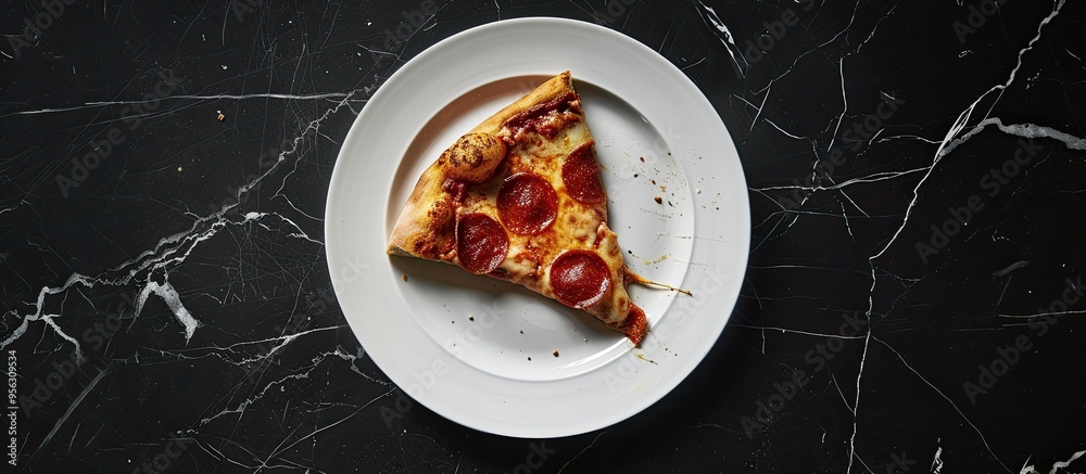 Poster pizza slice being bitten on a white plate against a black marble backdrop with copy space image