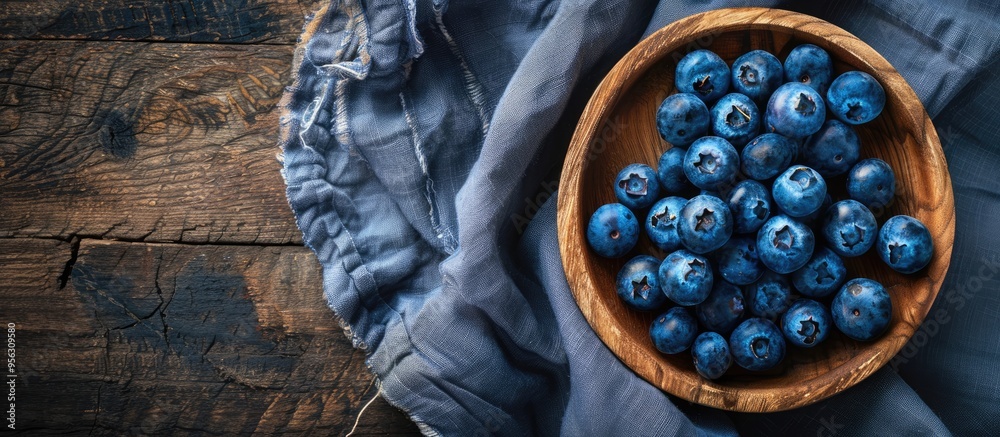 Poster Top view close up of blueberries displayed on a wooden plate against a rustic cloth background with a blank space for text in the image. Creative banner. Copyspace image