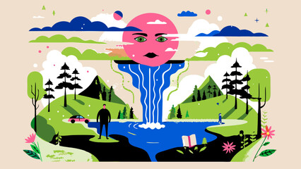 Obraz premium Surreal Landscape with Giant Sun Face and Waterfall Illustration