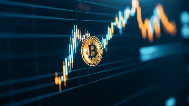Dynamic cryptocurrency market with Bitcoin symbol and rising graph, showcasing digital finance trends and investment opportunities.