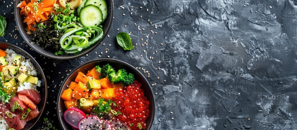 Poster delicious poke bowls displayed on a textured gray background with copy space image