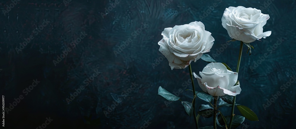 Poster three white roses displayed against a dark background with copy space image
