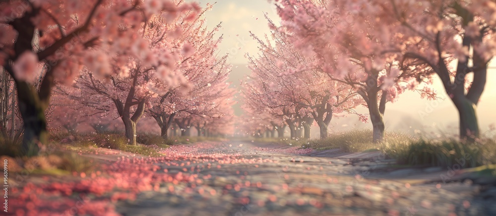 Poster Scenic view of a landscape lined with Japanese cherry blossom trees ideal for adding copy space image