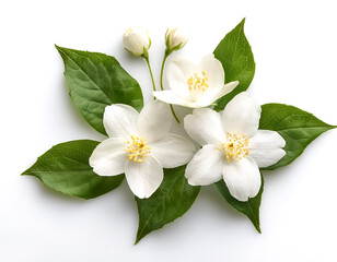 Many Beautiful jasmine flowers isolated on white, top view
