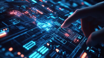 Hand touching high tech glowing hologram screen with buttons panel chart bar data