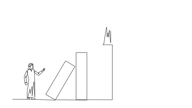 Animation of single one line drawing Arabian businessman standing on the bar lifting money bag. Fake partner. The envy friend. Sabotage happiness. The traitor on office. Full length motion