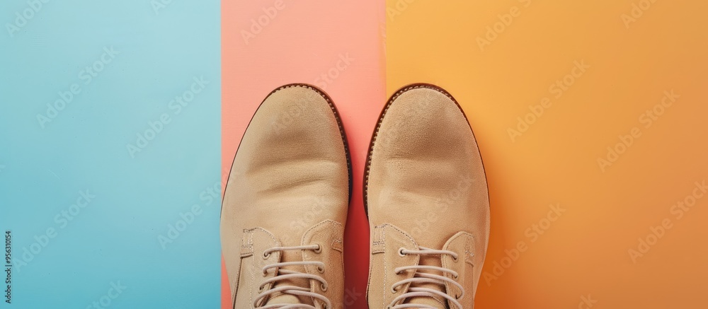 Poster Top view of beige suede shoes against a colored backdrop with a space for adding images. Creative banner. Copyspace image