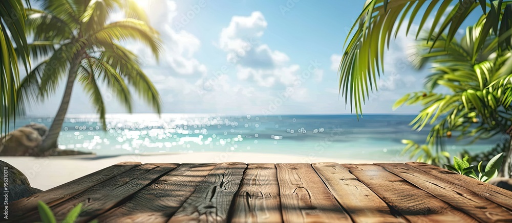 Aufkleber Wooden trunk used as a table background on a tropical beach with inviting copy space image for showcasing summer accessories