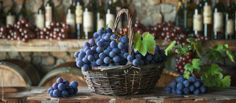 Aufkleber A rustic setting featuring blue grapes in an antique basket on a vintage table with a bar counter filled with wine bottles in the background Copy space image