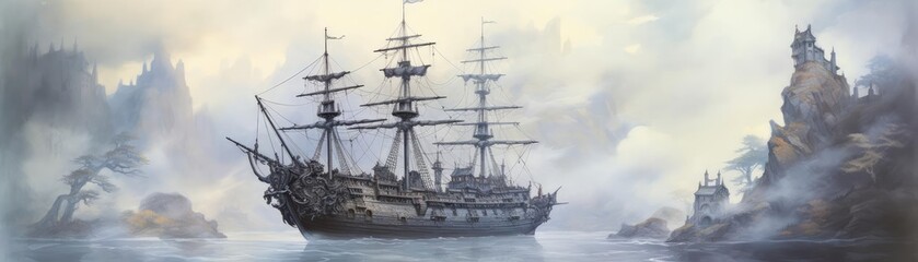 Naklejka premium Ghostly pirate ship, emerging from the depths, eerie fog, Watercolor style