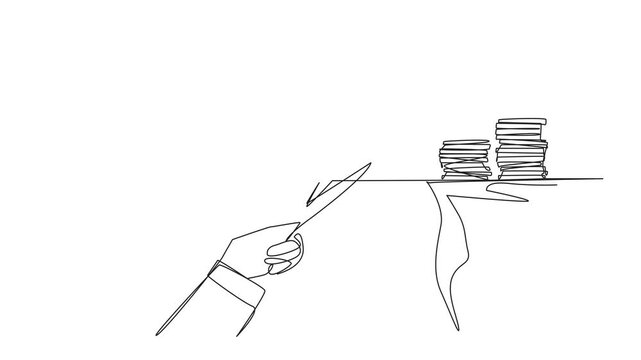 Animation of continuous one line drawing Arabian businessman walking on tightrope from one cliff to another. Failed to move to much better place. Cheated by colleague. Full length motion