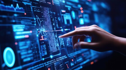 Obraz premium Hand touching high tech glowing hologram screen with buttons panel chart bar data 