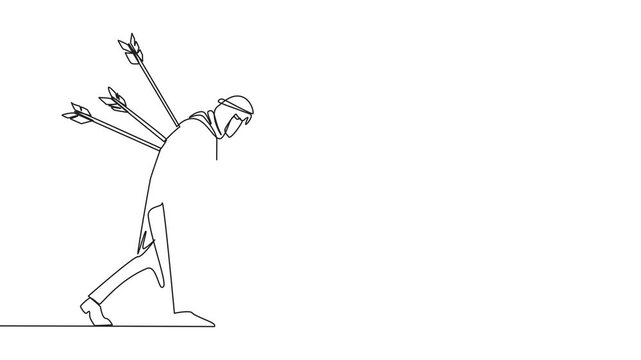 Self drawing animation of single continuous line drawing Arab businessman standing and several arrows stuck in the back. Attacked from behind. Destroyed. Fake partner. Traitor. Full length animated