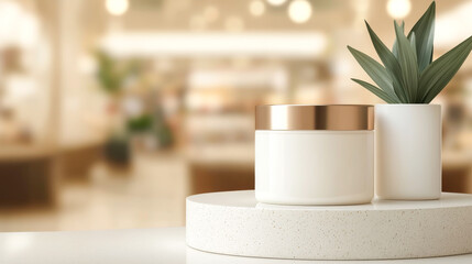 Elegant skincare products displayed with a modern aesthetic in a bright and inviting interior.