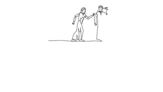Self drawing animation of single continuous line drawing Arab businessman monitoring something at the edge of cliff using binocular. Monitoring. Taken down by traitor from behind. Full length animated