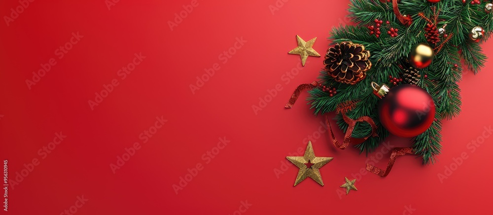Poster Top view of a small Christmas tree adorned with decorations on a colored background leaving space for an image. Creative banner. Copyspace image