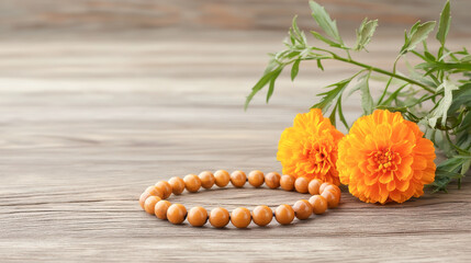 Naklejka premium Elegant wooden bracelet with beautiful marigold flowers on a rustic wooden background, perfect for relaxation and meditation themes.