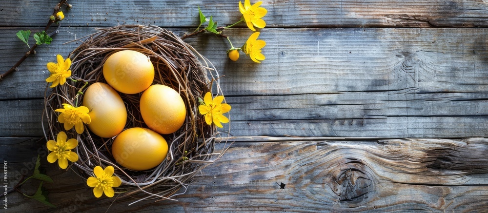 Poster celebrate easter with vibrant yellow eggs in a nest on a wooden table a creative top view decoration