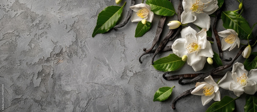 Leinwandbilder top view of vanilla pods leaves and flowers on a textured grey table with a designated area for text