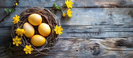 Celebrate Easter with vibrant yellow eggs in a nest on a wooden table a creative top view decoration Enjoy the festive vibe with a copy space image