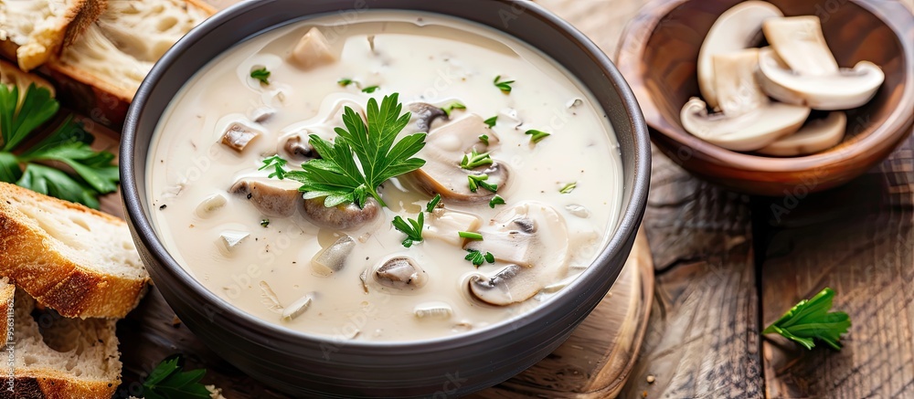Poster Creamy mushroom soup with parsley garnish and bread slices on a table with a copy space image
