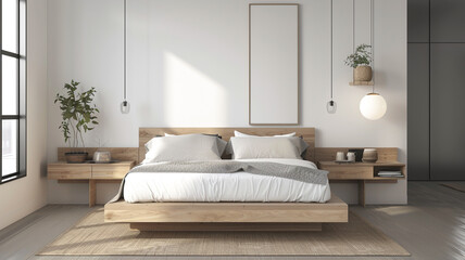 a minimalist bedroom with floating nightstands and minimal accessories