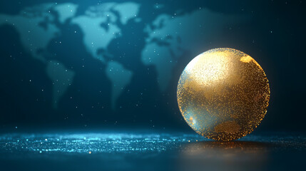 Glittering golden globe rests on a shimmering surface, illuminated by soft blue light, evoking global harmony and connection.