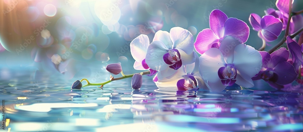Poster Purple and white orchids set on a water surface ideal as a concept banner for spa products The serene image conveys a theme of mental relaxation and aromatherapy with copy space for text