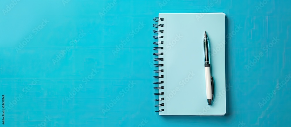 Leinwandbilder notebook and pen on a blue background with copy space image