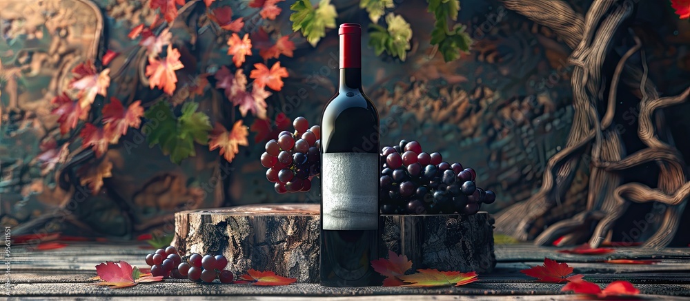 Poster red wine bottle with blank label old tree stump grapes and dried vine leaves in the backdrop perfect