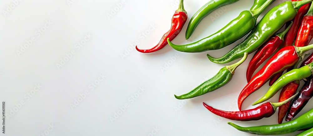 Aufkleber colorful green and red chilies displayed on a white backdrop with copy space image