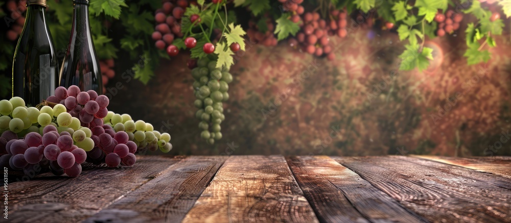 Poster vintage wooden table with white and red wine grape bunches and copy space image