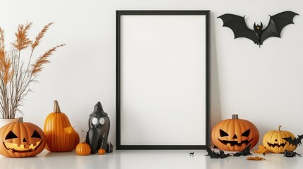 Mock-Up Poster Frame on White Table with Halloween Decoration and White Wall Background, 3D Illustration. AI generated illustration.