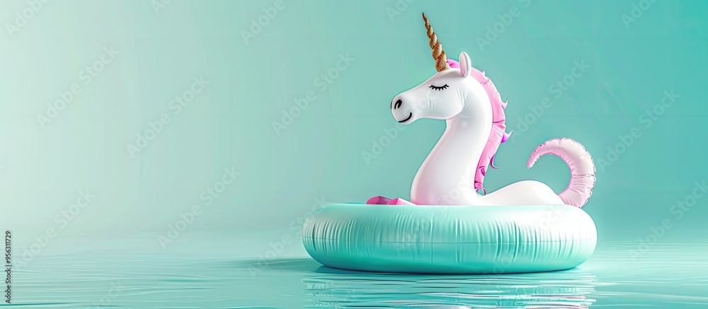 Aufkleber An elegant inflatable unicorn ring floating in the air against a turquoise backdrop with room for text in the image. Creative banner. Copyspace image