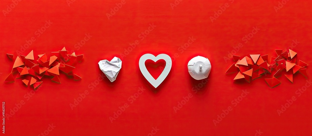 Poster conceptual healthy living symbol on paper pieces with red background featuring copy space image