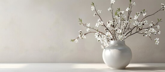 A vase on the table displays an arrangement of artificial white flowers with copy space image